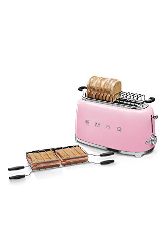 Smeg, Grille-pain 4 Tranches TSF02PKEU, 2 Fentes 36 mm, 6 Niveaux de Brunissage, Fonction Chauffage, Décongélation et Bagel, Éjection Automatique du Pain, Ramasse Miettes, 1500 W, Rose