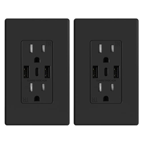 ELEGRP USB Wall Outlets 3-Ports Type C Wall Outlets Receptacles Matte Black 15 Amp Outlets with 3 Ports TR Tamper-Resistant Outlets Screwless Wall Plate Included UL & CUL Listed 2 Pack