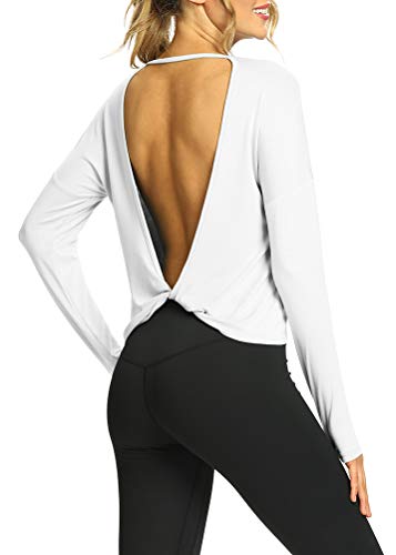 Mippo Womens Long Sleeve Workout Tops Backless Yoga Shirts Flowy Open Back Activewear Running Sports Exercise Crop Athletic Gym Tops Club Wear for Women White S