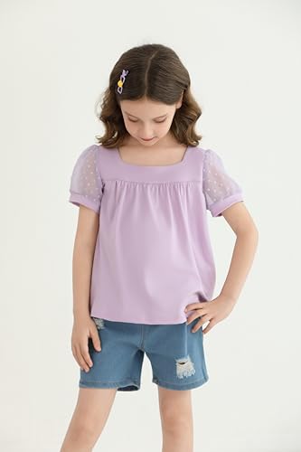 Image of Girls Shirts Puff Short Sleeve Tunic Tops Pleated Square Neck Loose Blouse for Girl Summer Casual Blouse Tee