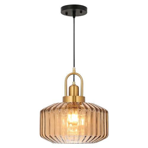 Fivemengo 11.8in Mid Century Modern Pendant Light Gold Large Amber Glass
