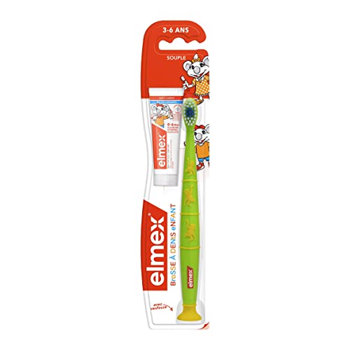 ELMEX - Cepillo de dientes para niños de 3 a 6 años (suave) + muestra de pasta de dientes ELMEX Anti-Caries para niños (12 ml) Colores aleatorios