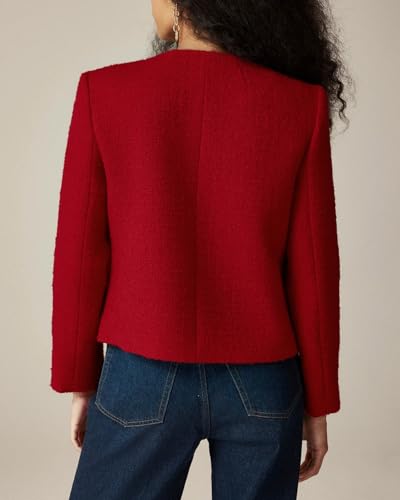 Womens Cropped Tweed Jackets Collarless Button Down Business Blazer Casual Outfits with Pockets3