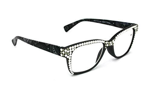 The Contemporary, Full Top, Retro Square Women Reading Glasses with Clear and Black Diamond Genuine European Crystals +1.25 +1.50 +2.00 +2.50 +3.00 Frosted Black Paisley. NY Fifth Avenue.