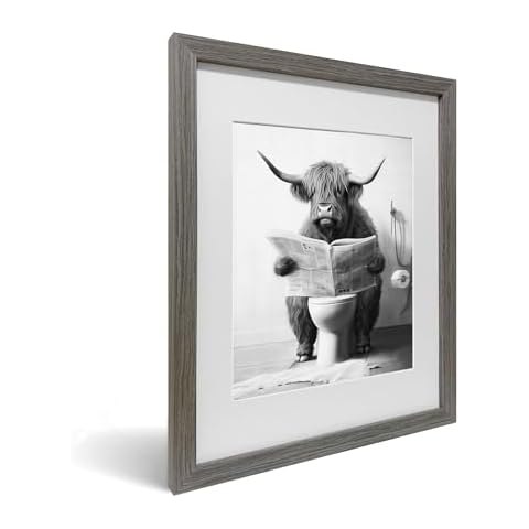 heilkee Black and White Highland Cow Bathroom Decor Funny Animal Bathroom Wall Art Modern Farmhouse Wall decor Cattle in Bathtub Picture Cow in Toilet Posters Prints(Gray Framed, 11x14in) Cover