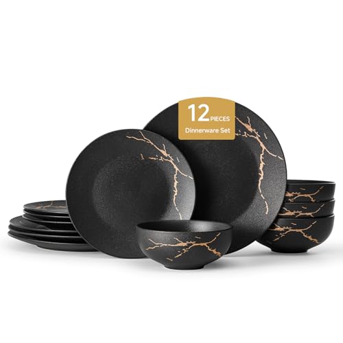 KINGSTONE Dinnerware Sets for 4 Black & Gold Plates and Bowls Sets Matte Vein Dish Set Modern Luxury Tableware Dinner Salad Plate bowl for Home Wedding Party Gifts (12 Piece)