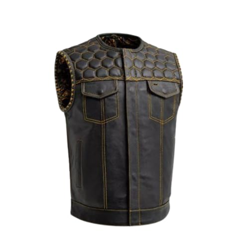 Men's Smart Biker Vest for Men Premium Cowhide Black Leather Motorcycle Vest with Unique Scoop Collar Design &Gold Liner2