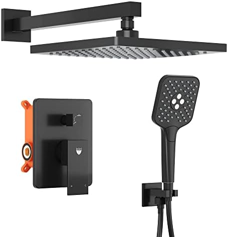 HIMK Shower System,10 Inches Rain Shower Head with Handheld Shower Combo Set, Wall Mounted Rainfall Shower Head System,Shower Faucet with Valve and Trim,Matte Black