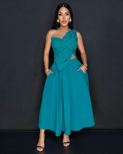 Image of YUEWOO Midi Dresses for Women Casual Summer Sundresses Vacation Outfits Spaghetti Strap Smocked Women Maxi Dress with Pockets