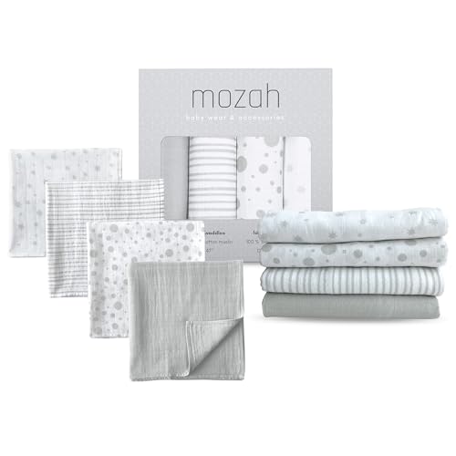 Image of MOZAH Organic Muslin Swaddle Blankets - Stars, Stripes, Dots, Grey - 3 Pack - for Baby Boy or Girl - Ideal for Newborns, Toddlers & Registry Essentials - Extra Large