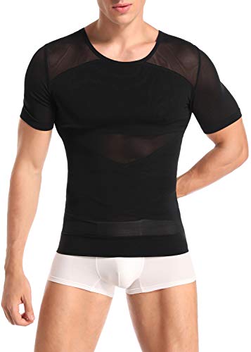 T Shirt Homme Gaine Ventre Plat Gaine Top Amincissante Abdominal Minceur Tee Shirt Body Gainant Compression Haut à Manches Courtes Sport Running Gym (L,B),M-L,Noir Cover
