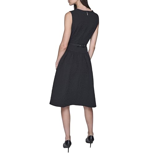 Image of Karl Lagerfeld Women's Sleeveless Crew Neck Flower Belt Floral Stretch Jacquard A-line Dress