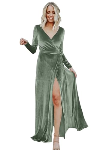 Women's Velvet Bridesmaid Dresses Long Sleeve V Neck Wrap Formal Evening Gowns with Slit