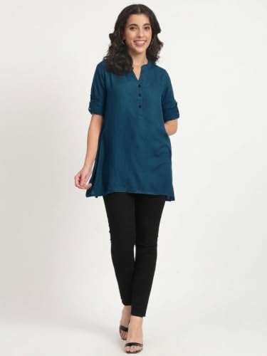 Image of Women's Roll-Up Sleeve Tunic Top, V-Neck with Button Front, Side Pockets, Rayon Short Kurti