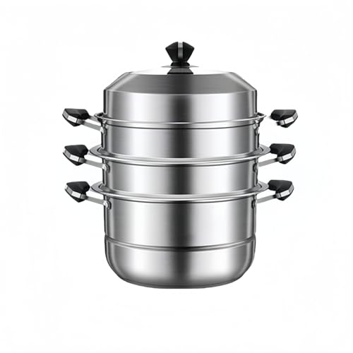 304ステンレス製蒸し器・深型構造・可視ガラス蓋付き | 2段/3段/4段組み合わせ可能・変形防止設計・IH/ガス/各種熱源対応 | 蒸す/煮る/茹でる多機能調理器具 (4層 36cm,シルバー)