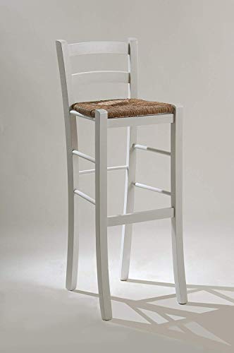 OKAFFAREFATTO MADDALONI Taburete de madera maciza con asiento de paja de 80 cm de altura, color blanco lacado, ya montado Cover