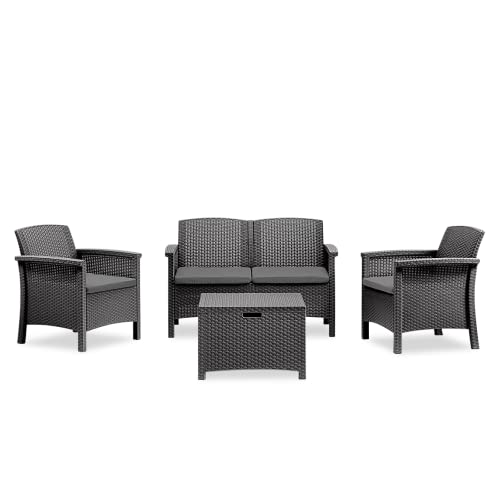  Mediawave Store - Set Divano 2 Poltrone Tavolino in Stile Rattan VENEZIA Salottino Per Esterni, Arredo Giardino, Cuscini, Poltroncine, Divanetto, Impermeabili, Esterni, Salotto Completo (Grigio)