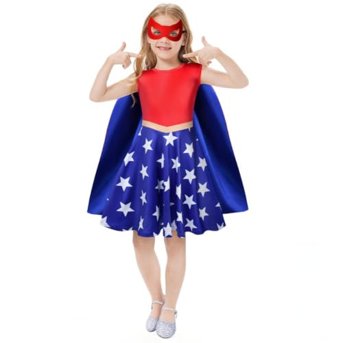 AOOWU Disfraz Wonder Niña, 3pcs Vestido Superheroina Niña con Capa y Mascaras, Disfraz halloween niñas Suave y Cómodo, Disfraz Niñas para Cosplay Halloween Carnaval Fiesta Cumpleaños, 120cm