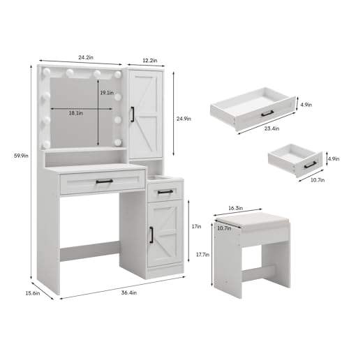 Image of Fameill Vanity Desk with Mirror and Lights,Make up Vanity with Chair and Outlet,Dressing Table with Jewelry Cabinet, Bedroom Vanity with 2 Drawers, 3 Lighting Colors,36.4 inch,Antique White