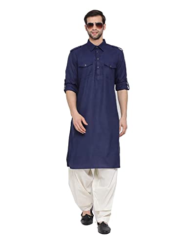 Elina fashion Men's Cotton Kurta Pajama Pathani Set||Indian Pakistani Ethnic Rakhi Festival Wear Blue_XX-Large Size