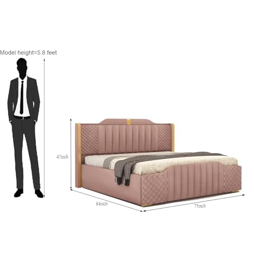 Image of Modern Upholstered King Size Bed with Storage | Double Bed with Box Storage & Upholstery Premium Fabric Headboard | Platform Bed for Bedroom & Hotel | Sheesham Wood, Onion Pink, 6.5 x 6 Ft
