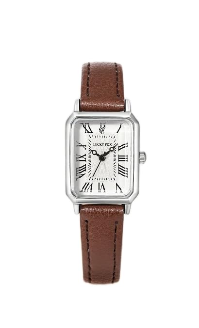 ALCENTIS Montre Femme Rectangulaire, Cadran Blanc, Chiffres Romain, Bracelet Cuir, Boîtier Chrome Argent (Bracelet Marron)