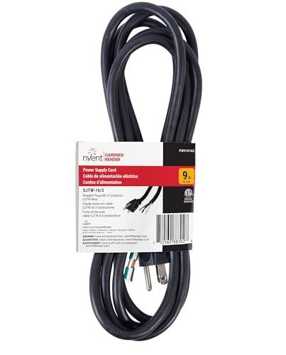 Image of nVent Gardner Bender PS913163 9 ft 16 /3 SJTW Replacement Power Cord, 13A 125V Heavy Duty Appliance & Power Tool Cord with NEMA 5-15 Plug & Pigtail End, Black (Formerly: Bergen)