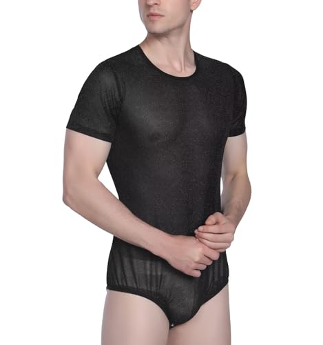 Mens Shiny Mesh Onesie Snap Crotch Romper Short Sleeve Bodysuit