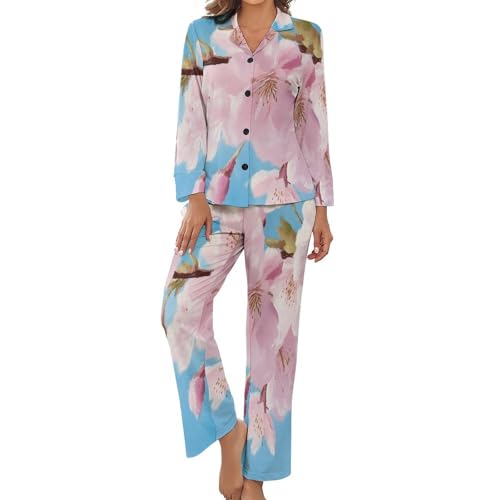Pyjama deux pièces manches longues femme vêtement de nuit été grande taille