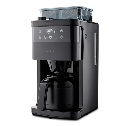 MEDION con molinillo y jarra termo (1 litro, máx. 8 tazas, 8 posiciones de molido, máx. 1000 vatios, temporizador, pantalla LED, antigoteo, filtro permanente, MD19911)