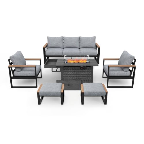Image of Sundale Outdoor Aluminum Patio Furniture Set, 6 Piece Outdoor Conversation Sets with Fire Pit and 6 inch Thick Olefin Cushions, All Weather Outdoor Sectional Set for Deck, Lawn, Yard