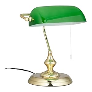 Relaxdays, Verde, Lampada da Scrivania con Interruttore a Catena, Base Rotonda, Vintage, Vetro Hlp 31 x 22.5 x 18.5 cm, Ottone