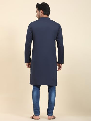 Image of SKAVIJ Men's Cotton Kurta Summer Casual Long Shirt Regular Fit Blue 3X-Large