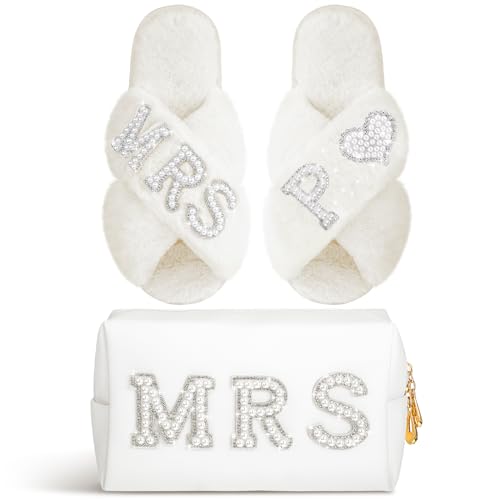 Image of Xtinmee Personalized Initial Wedding Bride Slipper Mrs Pearl Letter Makeup Bag Bachelorette Party Bridal Shower Wedding Gifts(P)
