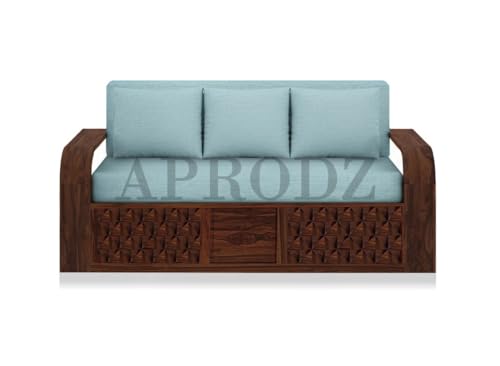Image of APRODZ Solid Sheesham Wood Sofa Cum Bed 3 Seater Velevt Fabric with Blue Upholstery & Cushion Perfect Sofa Furniture for Home Living Office Room and Guests (Walnut Finish 75x69x30-Inch)