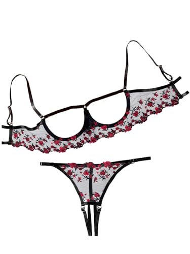 Image of Lilosy Sexy Underwire Floral Lace Sheer Lingerie Set for Women See Through Bra and Panty 2 Piece