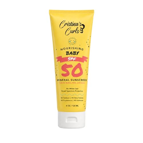 Image of Cristina's Curls Baby & Kids SPF 50 Mineral Sunscreen with Zinc Oxide - No White Cast, Plant-Based Formula with Broad Spectrum Protection - Gentle Face & Body Lotion for the Whole Family - 4 oz