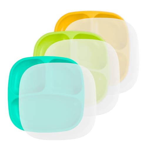 Image of Re-Play Divided Toddler Plates Set of 3 - Deep-Walled 3 Compartment Kids Plates for Picky Eaters - Dishwasher & Microwave Safe - BPA-Free - Made in USA, Aqua, Lime, Yellow