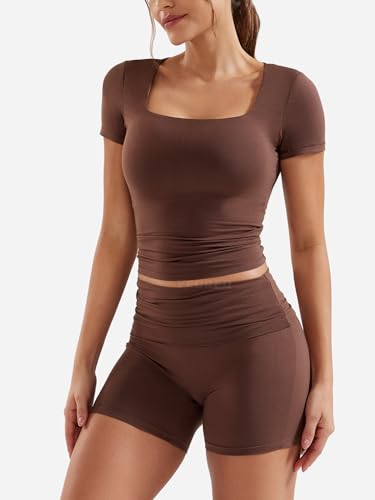 YEOREO Lounge Sets for Women 2 Piece Short Sleeve Square Neck Tops Casual Outfits Fold Over Shorts Workout Tracksuit3
