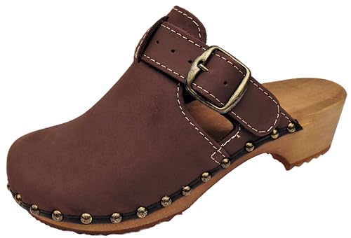 Unisex Schwedische Art Holz Clogs - Pantolette Holzschuhe Gr.42 oder Gr 43 **BRAUN - Nubuk**Echt Leder-  Braun EU Schuhgrößensystem Erwachsene Herren Numerisch M 42