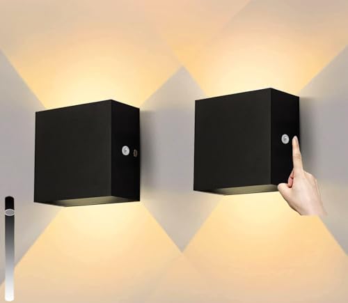 Dimmbare LED Wandleuchte mit Schalter Aluminium Modern Up-Down Wandlampe 3000K Warmweiß Schwarz 12x12cm Innen Wandlicht für Wohnzimmer Schlafzimmer Flur Badezimmer (Schwarz Warmweiß Dimmbare)
