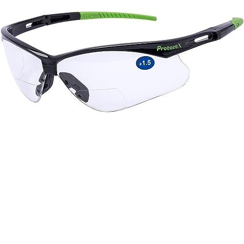 ProtectX Bifocal Reading Safety Glasses 1.5 Diopter, Eye Protection Glasses for Men Women, ANSI Z87.1 Impact Resistant Anti-Fog Wrap-Around Lenses, Protective Eyewear for Work, Indoor/Outdoor Use