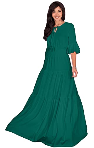 KOH KOH Womens Long Boho Bohemian Casual Vintage Solid Casual A-line 3 4 Sleeve Peasant Maternity Flowy Empire Waist Loose Floor Length Cute Maxi Dress Gown, Emerald Green L 12-14