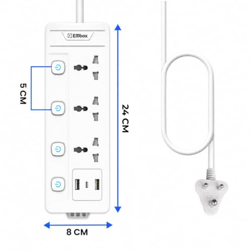 Image of EMBOX Extension Board 5 Meter with USB Type C| Extension Board with Switches 3 Universal Sockets Spike Guard | LED Indicator 2500W Extension Cord