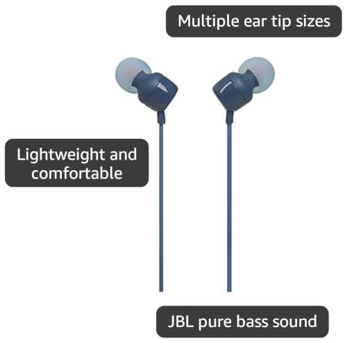 Image of JBL Tune 110 - Wired in-Ear Headphones with JBL Pure Bass Sound, 1-Button Remote, Microphone and Tangle-Free Flat Cable (Blue)