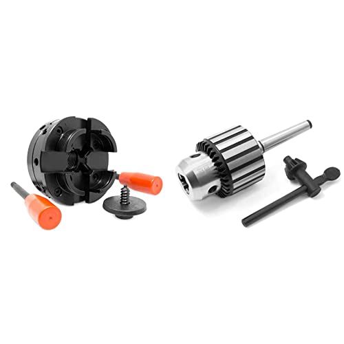 Image of WEN LA4444 4-Inch 4-Jaw Self-Centering Chuck Set with 1-Inch x 8TPI Thread and WEN LA136K 1/2-Inch Keyed Drill Chuck with MT1 Arbor Taper