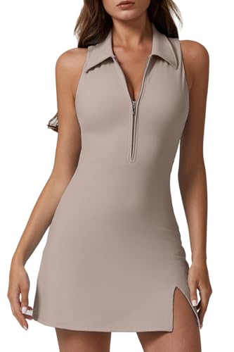 Image of QINSEN Womens Zip Front Tennis Dress Polo Collar Racer Back Workout Golf Dresses Build in Shorts with Pockets