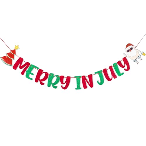 Merry In July Banner Summer Santa & Watermelon Slice Christmas Tree Pattern Glitter Christmas Theme Banner for July Summer Xmas Garland Tropical Holiday Party Mele Kalikimaka Decor