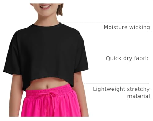 Image of EXARUS Girls Athletic Shirts Quick Dry Workout Split Back Crop Tops 6-14Y | Tween Athletic Sports Soccer Activewear Gym Running Dri Fit Teen Tennis Performance Hiking Short Sleeve Tees Kids 6-14Y