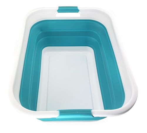 SAMMART 41L Collapsible Plastic Laundry Basket-Foldable Pop Up Storage Container/Organizer-Portable Washing Tub-Space Saving Hamper/Basket (1, White/Ceramic Blue)